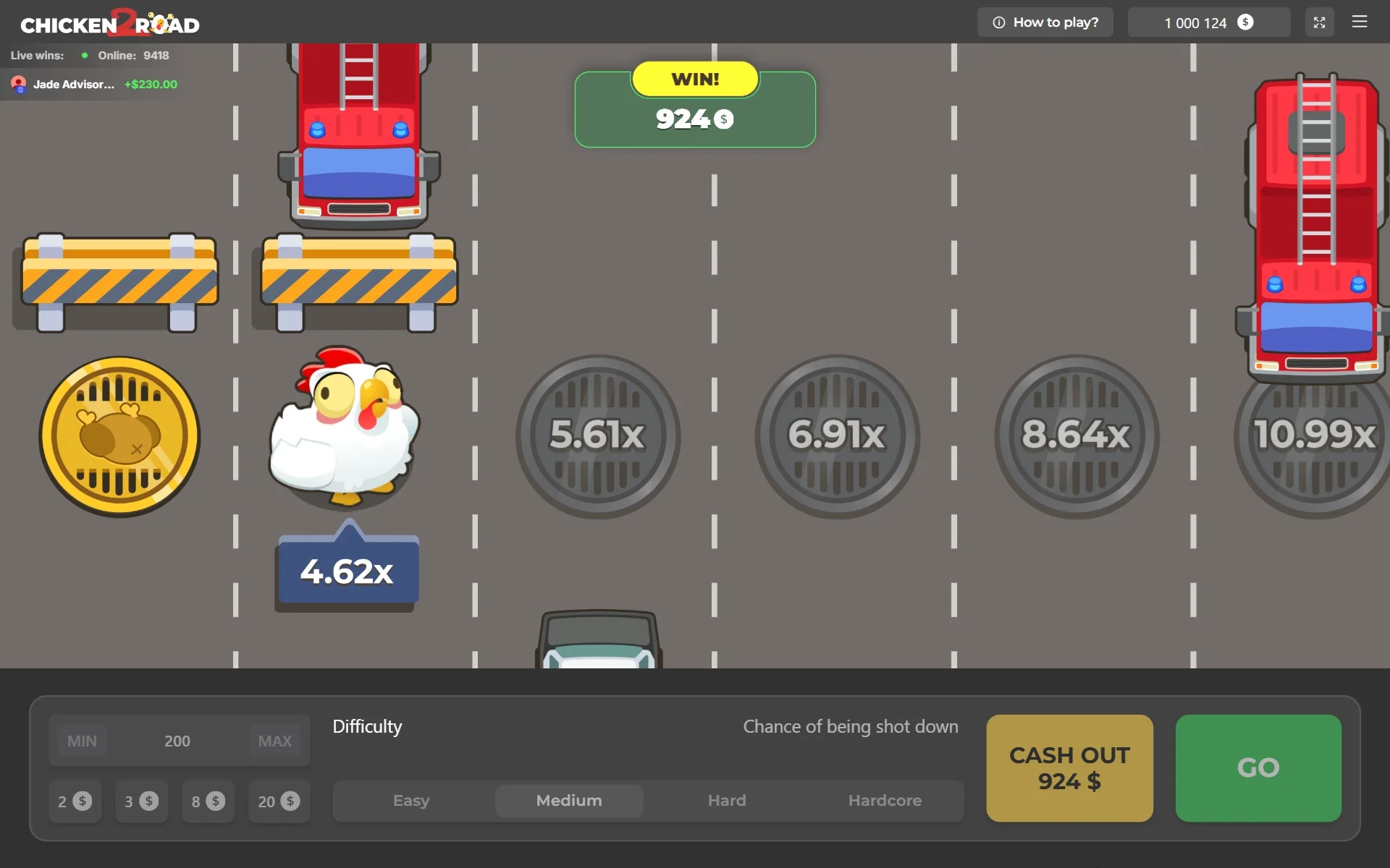Impostazioni di Chicken Road 2 con puntata, rischio e auto cash-out