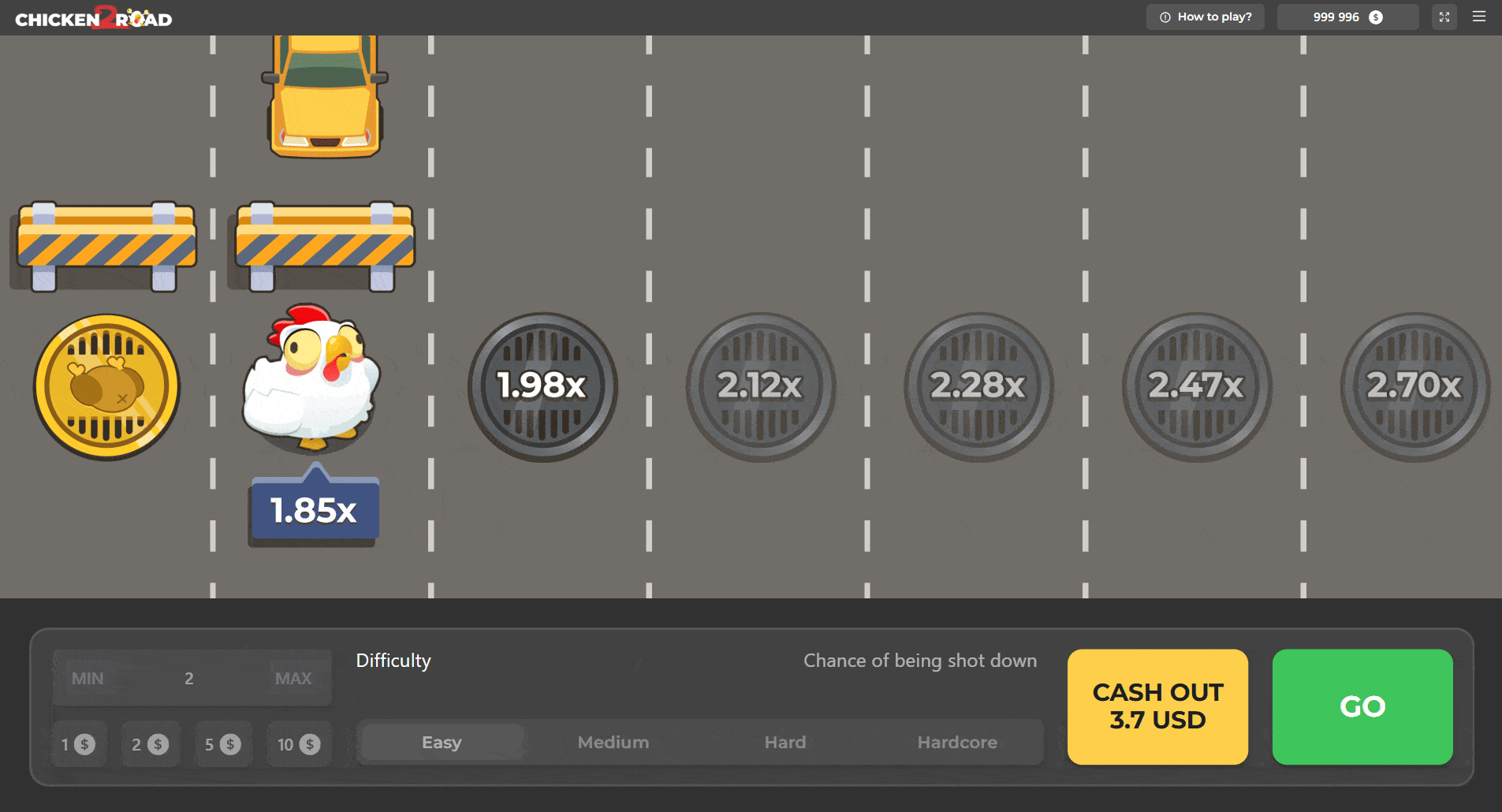 Animazione del gameplay di Chicken Road 2 con percorso e moltiplicatori